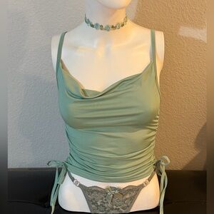 Sage Green Cowl Neck Tank Top w thong and chocker necklace